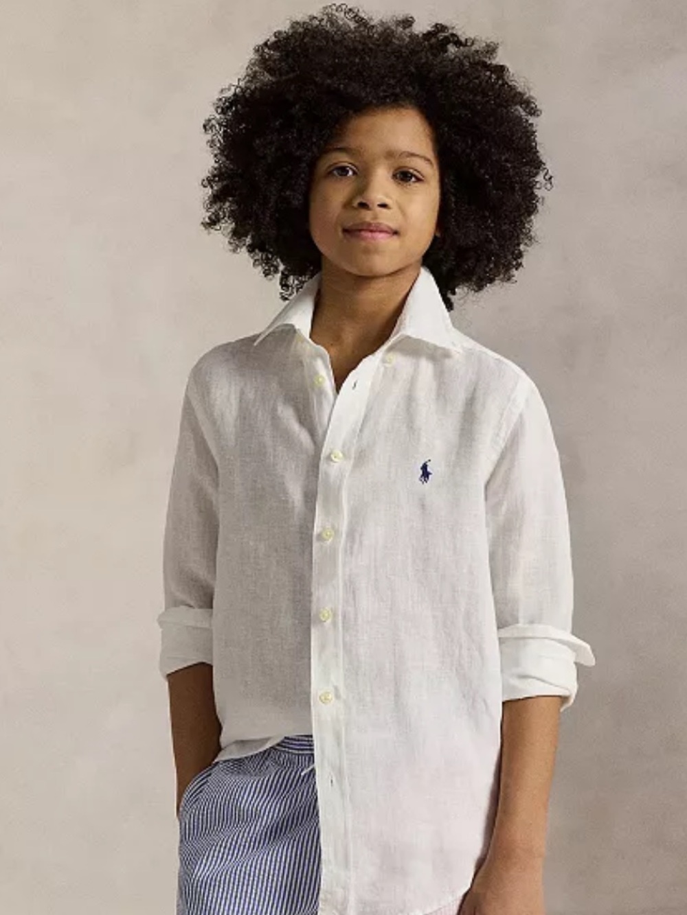 Ralph Lauren Boys' White Linen Button-Down Shirt with Blue Pony